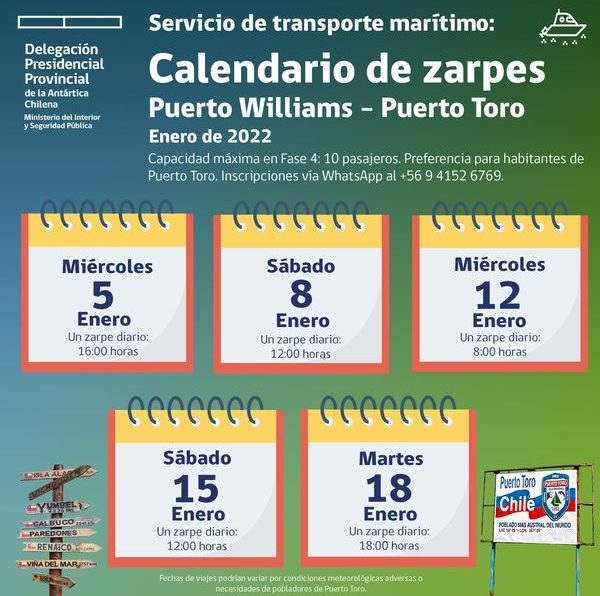 [AFICHES] Calendario de zarpes a Puerto Toro para enero y febrero de 2022