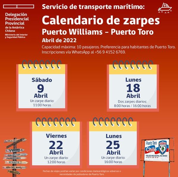 [AFICHES] Calendario de zarpes a Puerto Toro durante abril de 2022