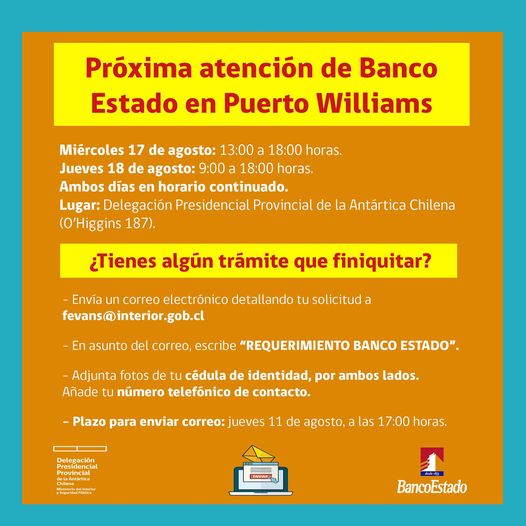 [AFICHE] Próxima atención presencial de Banco Estado en Puerto Williams