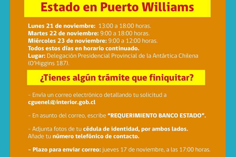 [AFICHES] Atención presencial de Banco Estado en Puerto Williams