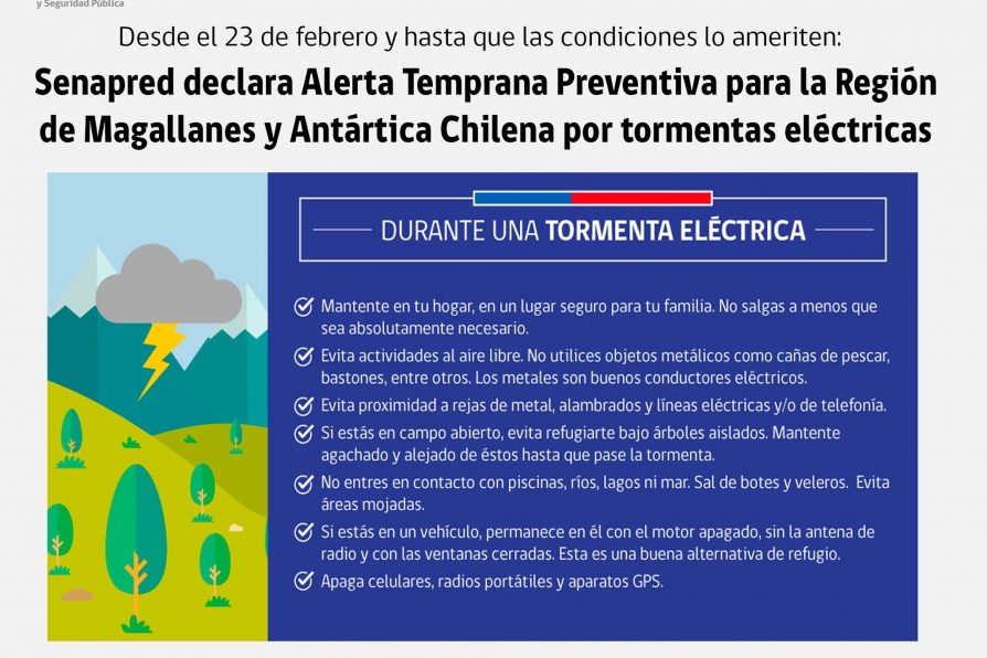 Senapred declara Alerta Temprana Preventiva para la Región de Magallanes y de la Antártica Chilena por tormentas eléctricas