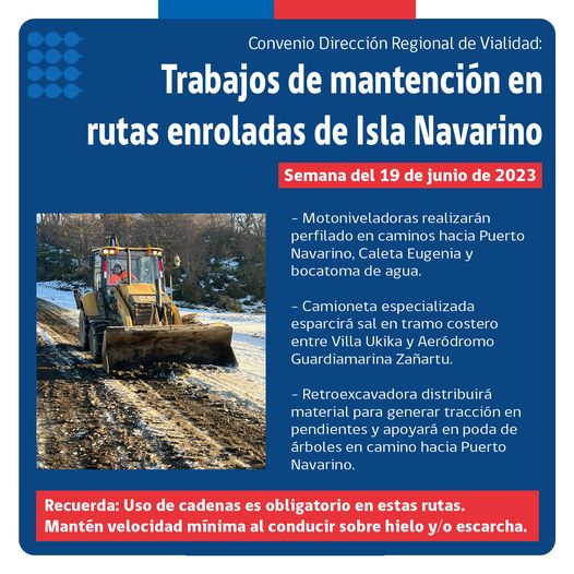 [AFICHE] Trabajos de mantención en rutas enroladas de Isla Navarino: Semana del 19 de junio de 2023