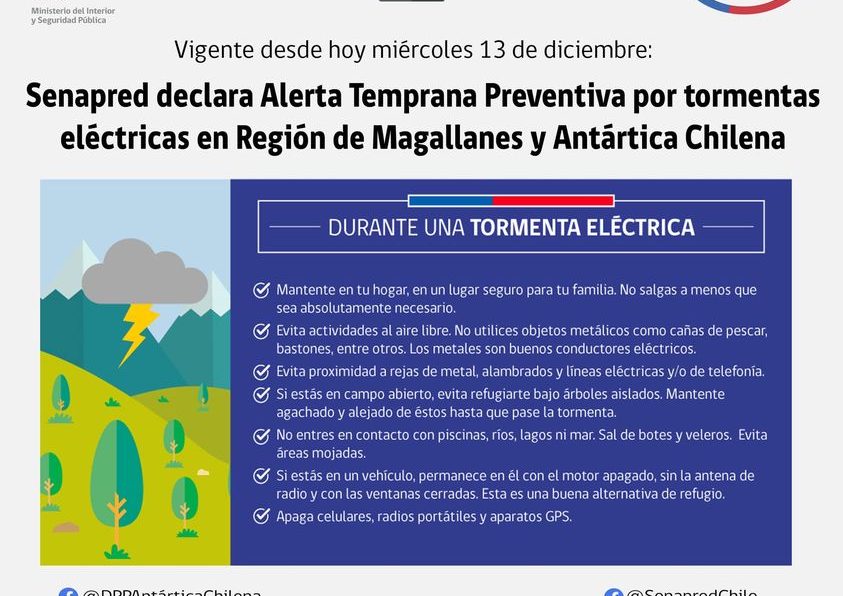 [AFICHE] Senapred declara Alerta Temprana Preventiva para la Región de Magallanes por tormentas eléctricas