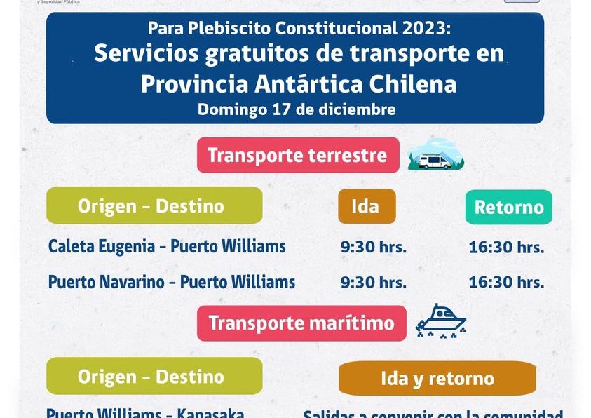 [AFICHE] Servicios gratuitos de transporte durante Plebiscito Constitucional 2023 en Provincia Antártica Chilena