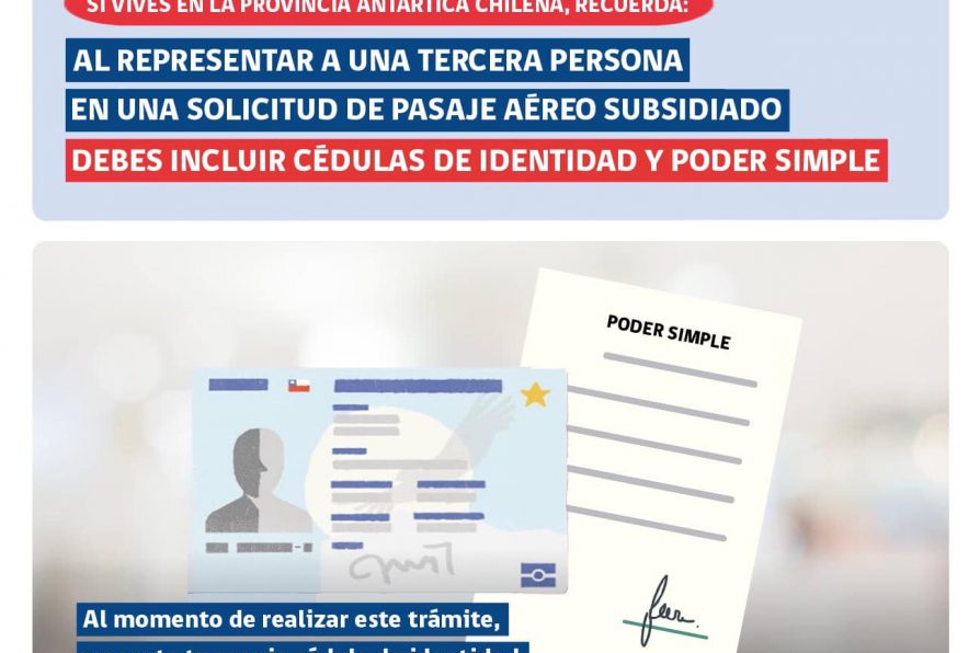 [AFICHE] Recordatorio de incluir cédula de identidad en proceso de solicitud de subsidio aéreo para residentes de la Provincia Antártica Chilena