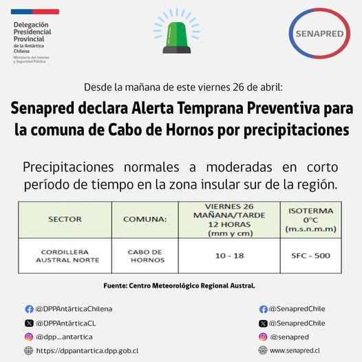 [AFICHE] Senapred declara Alerta Temprana Preventiva para la comuna de Cabo de Hornos por precipitaciones