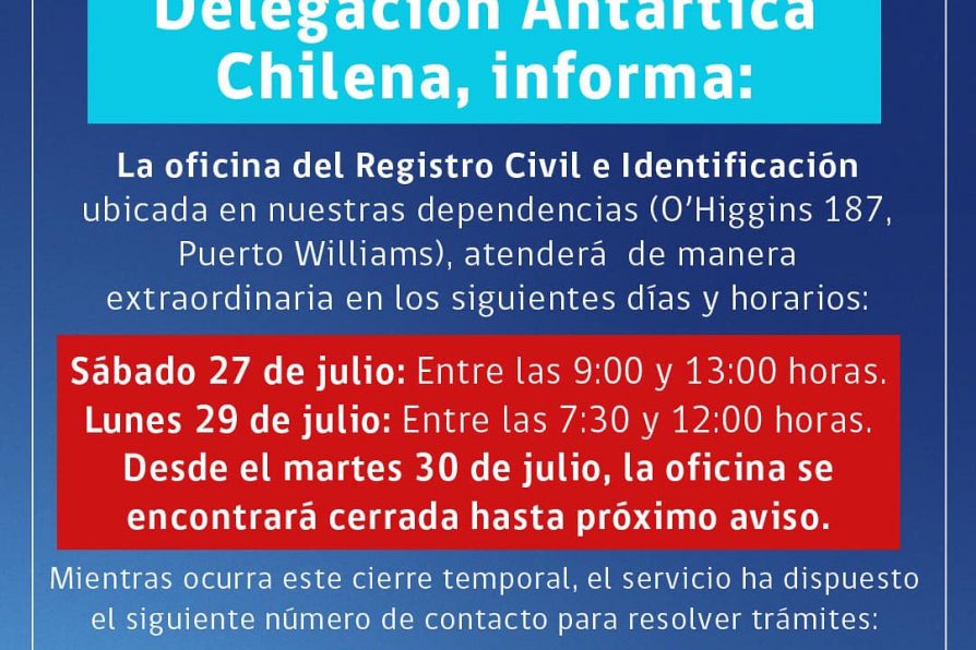 [AFICHE] Delegación Antártica Chilena informa sobre atención de Registro Civil e Identificación de Puerto Williams