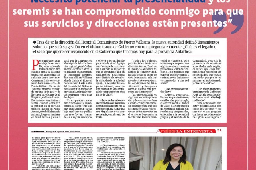 [AFICHE] Entrevista a Delegada Constanza Calisto en el suplemento Análisis de Diario El Pingüino