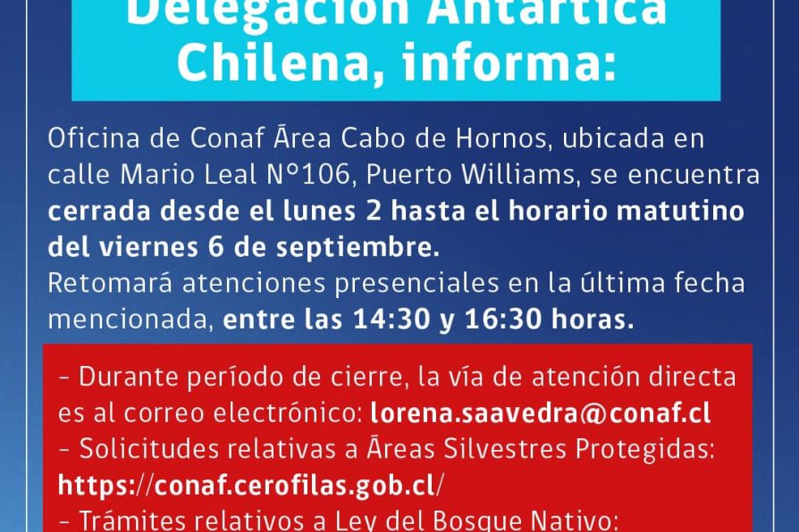 [AFICHE] Atención presencial suspendida de Conaf Área Cabo de Hornos