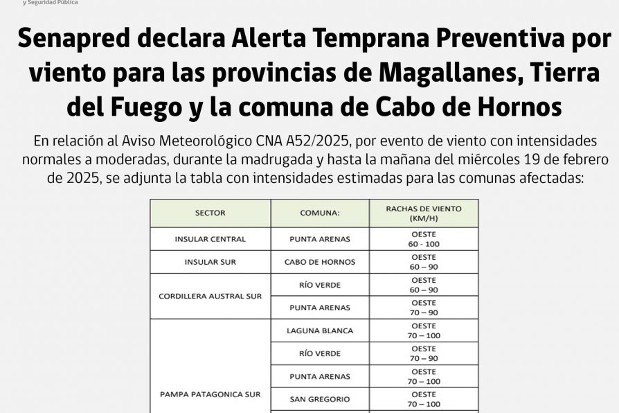 [AFICHE] Senapred declara Alerta Temprana Preventiva por viento para las provincias de Magallanes, Tierra del Fuego y la comuna de Cabo de Hornos