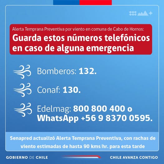 [AFICHE] Alerta Temprana Preventiva por viento en comuna de Cabo de Hornos: Números de emergencia