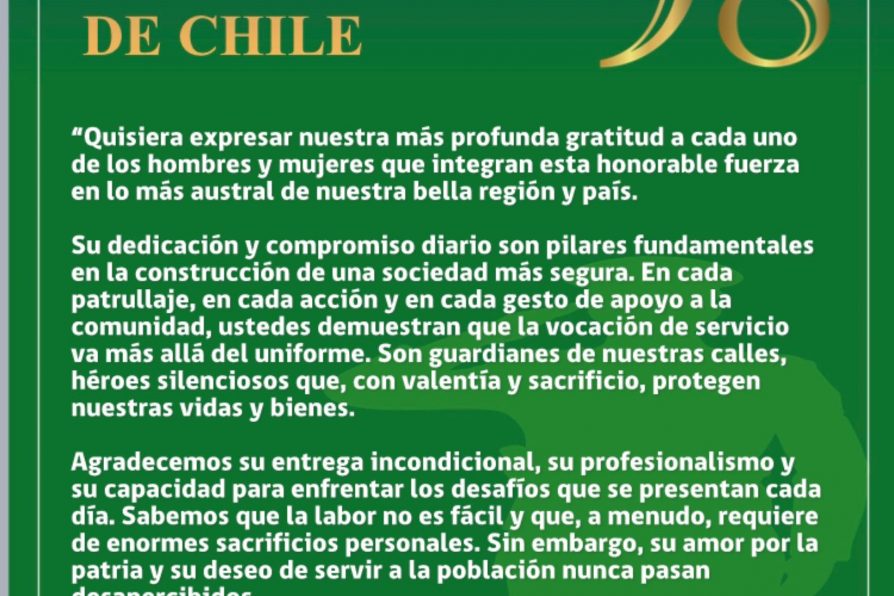 [AFICHE] Saludo de delegada Constanza Calisto por 98° aniversario de Carabineros de Chile