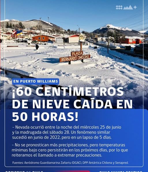 [AFICHE] Puerto Williams registra 60 centímetros de nieve caída en 50 horas