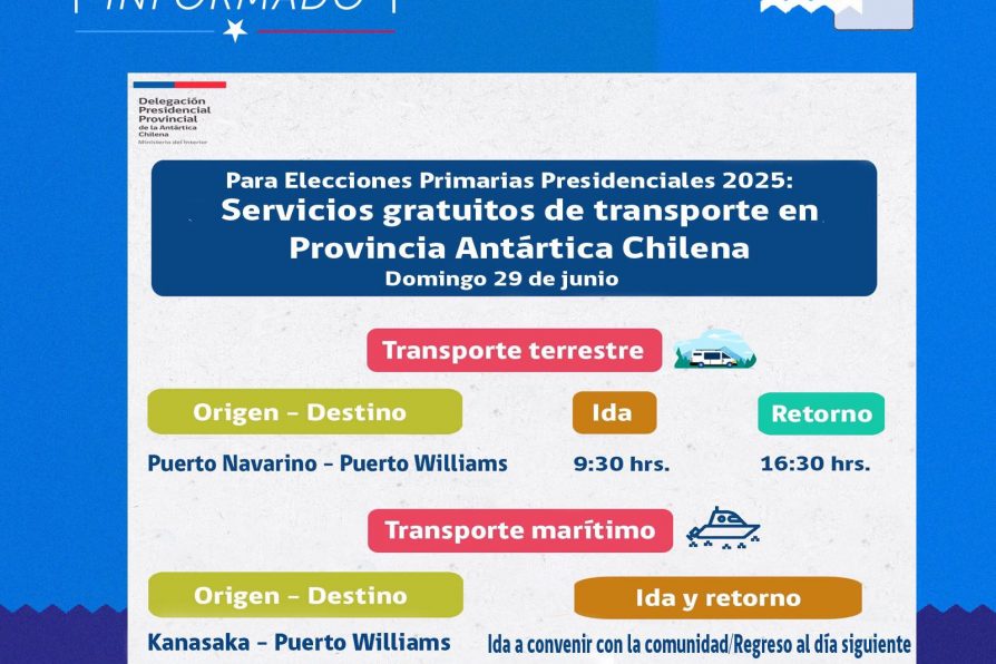 [AFICHE] Primarias Presidenciales 2025: Servicios gratuitos de transporte público en la Provincia Antártica Chilena