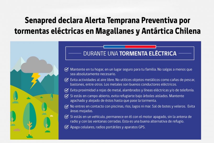 [AFICHE] Senapred declara Alerta Temprana Preventiva por tormentas eléctricas en Magallanes y Antártica Chilena