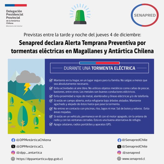 [AFICHE] Senapred declara Alerta Temprana Preventiva por tormentas eléctricas en Región de Magallanes y Antártica Chilena