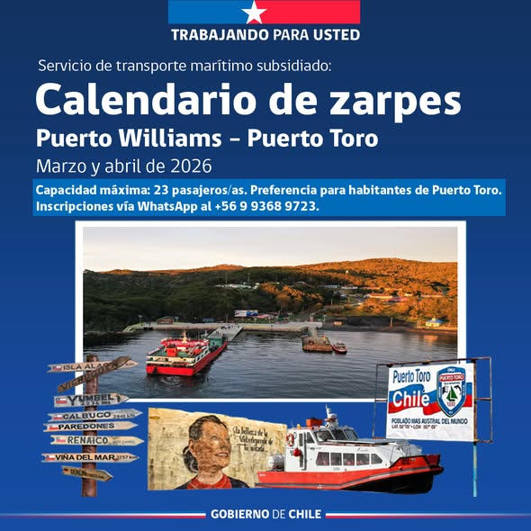 [AFICHES] Calendario de zarpes Puerto Williams – Puerto Toro durante marzo y abril de 2026