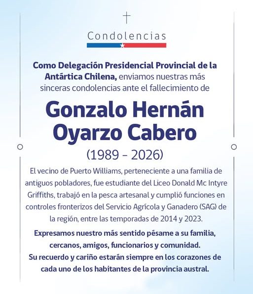 [AFICHE] Condolencias de la Delegación Antártica Chilena ante fallecimiento de pescador artesanal Gonzalo Oyarzo Cabero