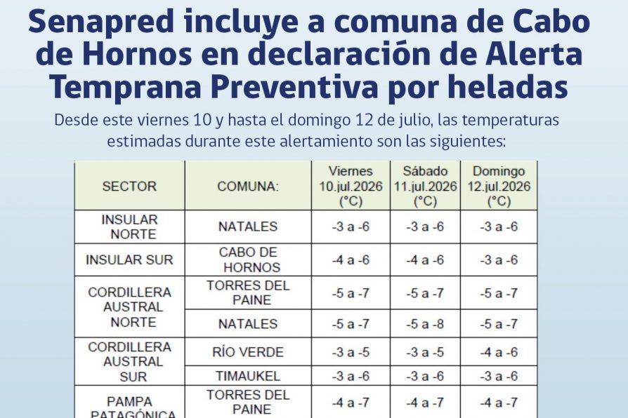 [AFICHE] Senapred incluye a Cabo de Hornos en declaración de Alerta Temprana Preventiva por heladas