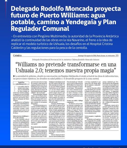 [AFICHE – Entrevista a Diario El Pingüino] Delegado Rodolfo Moncada proyecta futuro de Puerto Williams: agua potable, camino a Yendegaia y Plan Regulador Comunal