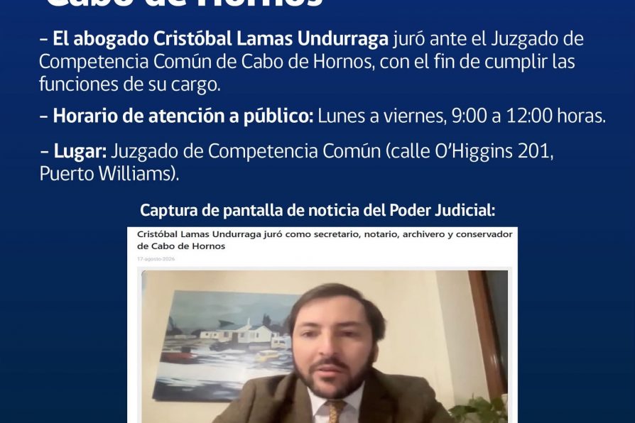 [AFICHE] Poder Judicial informa asunción de nuevo secretario, notario, archivero y conservador de Cabo de Hornos