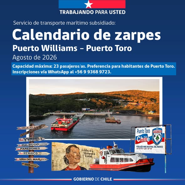[AFICHES] Calendario de zarpes Puerto Williams – Puerto Toro para el mes de agosto de 2026