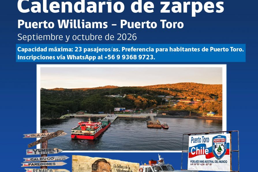 [AFICHES] Calendario de zarpes entre Puerto Williams y Puerto Toro para septiembre y octubre de 2026
